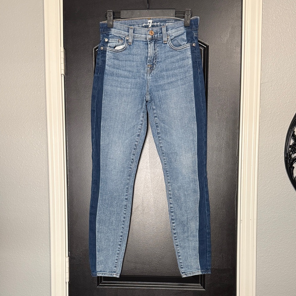 7 For All Mankind Two-Tone Blue Skinny Jeans with Dark Side Panels